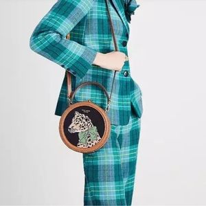 Kate Spade Lucy Lady Leopard Needlepoint and Leather Top Handle Crossbody Bag